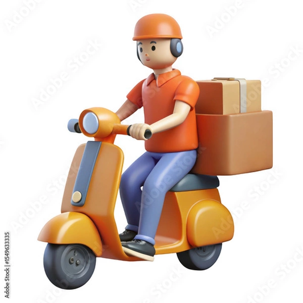 Fototapeta Orange Scooter Delivery Man Cartoon 3 D Model Riding Packages Isolated on a transparent background image