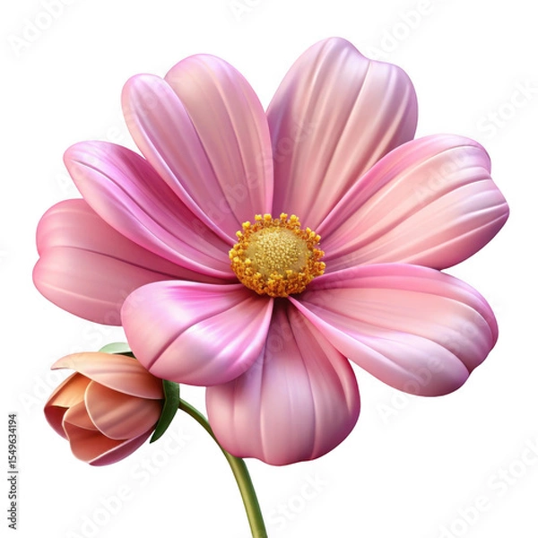 Fototapeta Pink Cosmos Flower Botanical 3 D Render Soft Petals Detailed Bloom Bud Stem Isolated on a transparent background