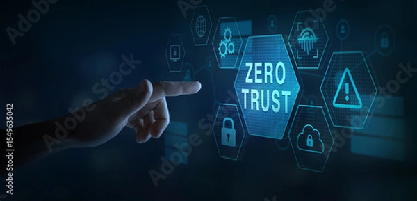 Fototapeta Zero trust cybersecurity concept. Virtual screen with icons zero trust security, cloud protection, data protection, fingerprint authorization.