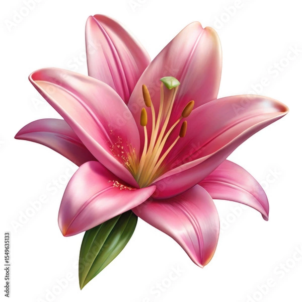 Fototapeta Pink Lily Flower Botanical Watercolor Painting Soft Petals Detailed Stamen Realistic Style isolated on a transparent background