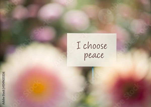 Fototapeta Soft focus flowers with handwritten quote card reading I choose peace create calming, inspirational scene, evoking tranquility and mindfulness in natural garden setting