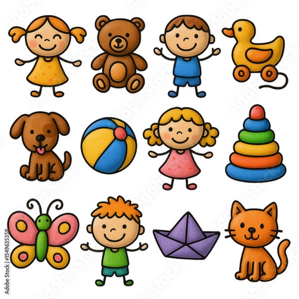 Fototapeta sets of 3d icons transparent PNG of Whimsical children doodle icons bundle, colorful hand-drawn kids with toys and animals on transparent background.