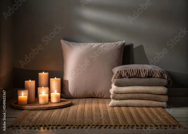 Fototapeta Candle, pillow, blanket, and rug create cozy, calming corner with soft textures and warm lighting, perfect for relaxation and peaceful moments at home