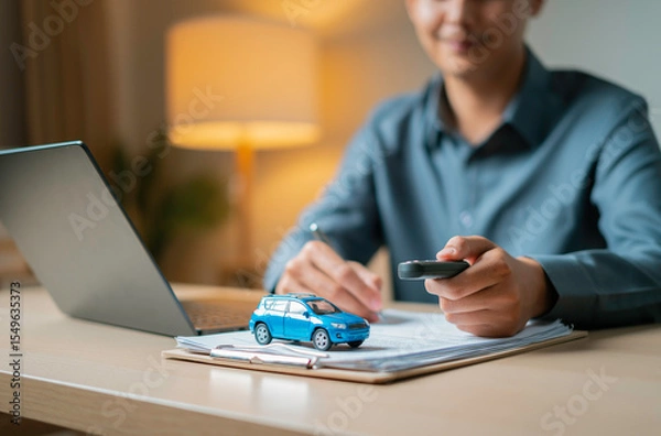 Fototapeta Close-up of a person holding a car key fob in one hand and a pen in the other while reviewing documents and a toy SUV on a clipboard next to a laptop, symbolizing auto insurance signing.