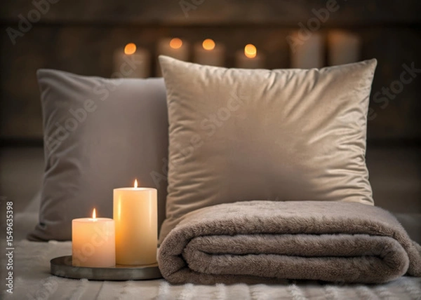Fototapeta Soft velvet pillow, plush blanket, and glowing candles create cozy, calming atmosphere in candlelit corner, perfect for relaxation and peaceful moments at home