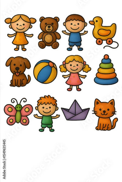 Fototapeta sets of 3d icons of Whimsical children doodle icons bundle, colorful hand-drawn kids with toys and animals on a transparent background.