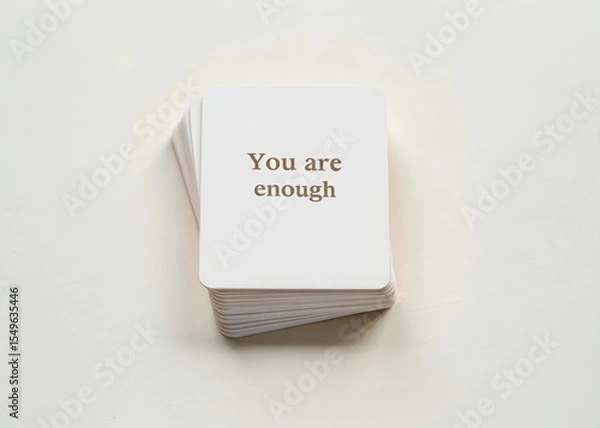Fototapeta Stack of white affirmation cards with gold text You are enough on top, minimal style, positive message, self care, motivation, encouragement, and emotional support concept