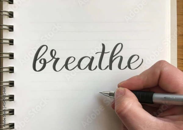 Fototapeta Breathe handwritten in black ink on lined notebook page, close up of hand holding pen, calm and mindful atmosphere, journaling for relaxation and stress relief