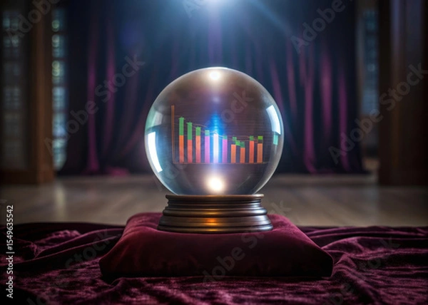 Fototapeta Crystal ball showing compound interest graphs, financial growth, investment forecast, and futuristic analytics on velvet cushion in dramatic, mysterious setting