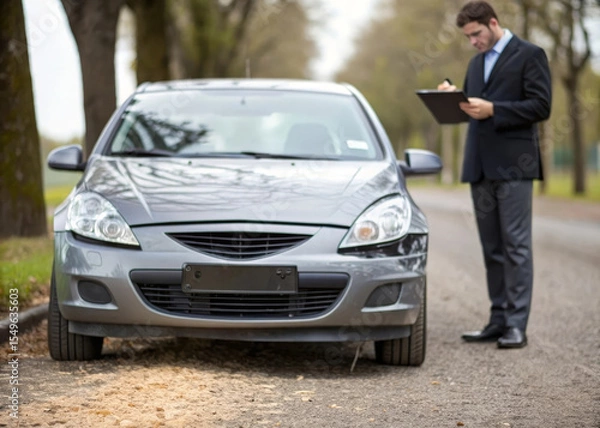 Fototapeta Damaged car on roadside with insurance agent inspecting writing report on clipboard outdoor scene autumn professional accident assessment stress vehicle claim process