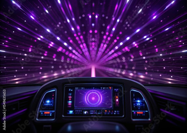 Fototapeta Futuristic car dashboard with digital vortex HUD interface, glowing purple neon lights, and immersive sci fi tunnel effect, creating high tech, dynamic, and energetic atmosphere