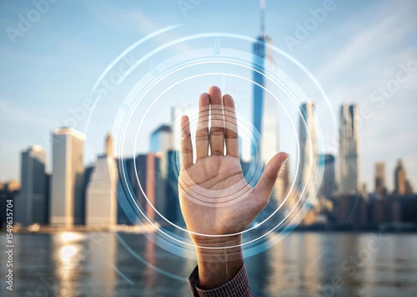 Fototapeta Double exposure of hand with digital hologram overlay and city skyline, symbolizing technology, innovation, and urban connectivity in modern business environment