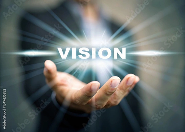 Fototapeta Hand holding floating vision text in futuristic style business concept glowing light innovation leadership inspiration motivation success hope and ambition in modern workplace
