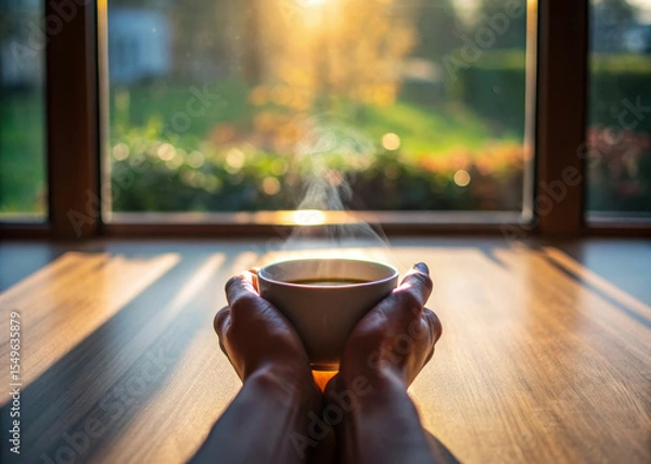 Fototapeta Hands holding cup of tea near window with warm sunlight streaming in, creating peaceful and cozy morning atmosphere, relaxation and comfort are felt