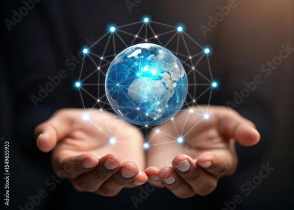 Fototapeta Hands offering floating hologram of Earth, connected by glowing network nodes, symbolizing global communication, technology, and innovation in futuristic digital world