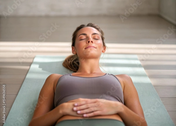 Fototapeta Relaxed woman lying on yoga mat with hands on stomach, eyes closed, practicing mindfulness and deep breathing in bright indoor space, peaceful and calm atmosphere