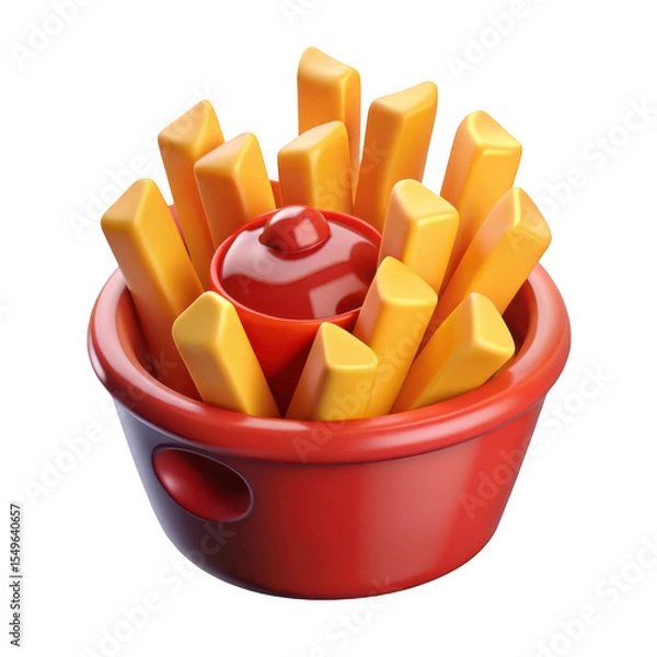 Fototapeta Red Bowl of Golden French Fries with Ketchup isolated on a transparent background frenchfries potatoes
