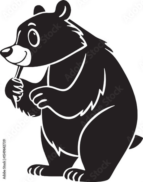 Fototapeta Cartoon bear silhouette licking honey off its paw, showcasing a playful and natural bear behavior in a stylized vector form.