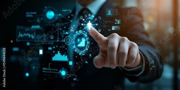 Obraz A man in a suit interacting with a futuristic holographic interface with data charts