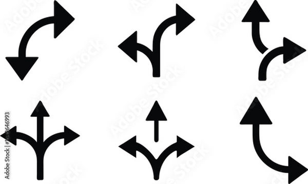 Obraz Set of six black direction arrows in various curved and split path styles on white background
