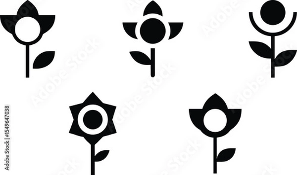 Obraz Set of five black flower icons in minimalist geometric styles with leaves on white background
