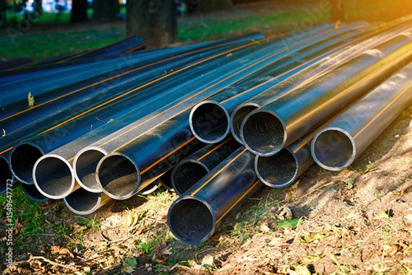 Fototapeta Plastic hdpe pipe tubing neatly stored on the lawn for use in electric conduit infrastructure supporting city-wide underground utility installations