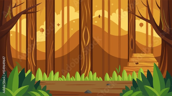 Fototapeta Enchanting forest scene with tall trees rolling hills and a wooden structure