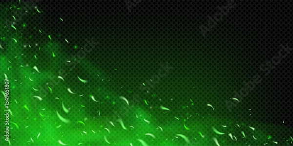Fototapeta Green fire sparks with glowing embers and toxic poison mist. Magic flame effect on dark background with fog, particles, smoke and neon shine. Abstract fantasy vector with dust, heat and energy motion.