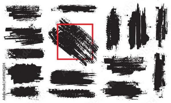 Fototapeta Ink stencil brush strokes and grunge lines with paint splashes drawn in a rectangular shaped composition for text, callouts. Brush strokes in dirty style with drops blots. paint stock-vector set