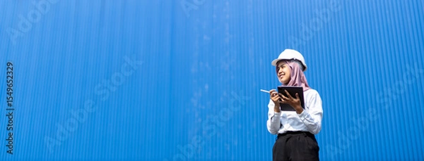 Fototapeta Muslim woman industrial engineer in uniform wearing safety hard hat using tablet checking containers loading. Area logistics import export and shipping cargo freight ship. Blue background.