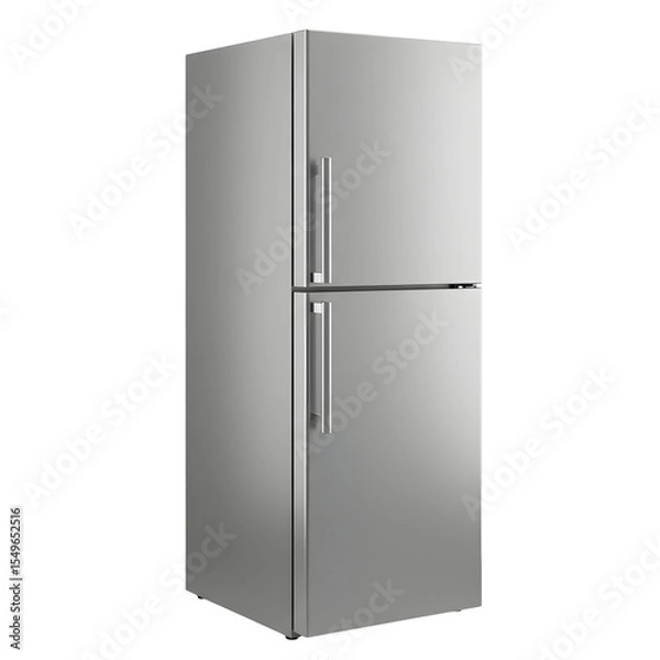 Obraz Modern Stainless Steel Refrigerator with Vertical Handles, Isolated View.