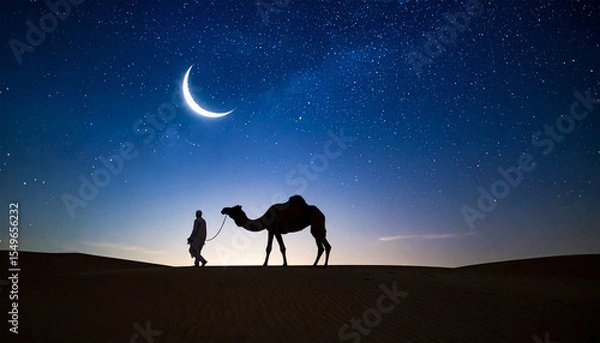 Obraz Beautiful silhouette of a person riding a camel across the serene desert under a starry night sky with a shining crescent moon. Islamic concept, muhraam, Ramadan, Eid