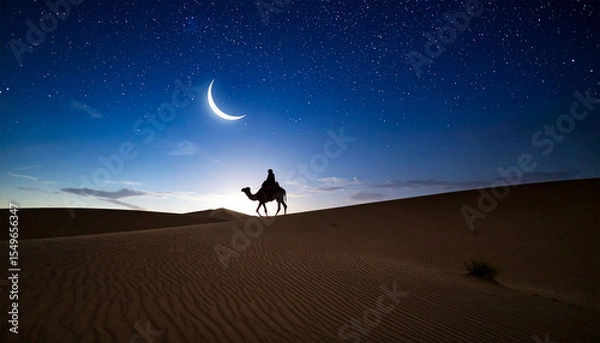 Obraz Beautiful silhouette of a person riding a camel across the serene desert under a starry night sky with a shining crescent moon. Islamic concept, muhraam, Ramadan, Eid