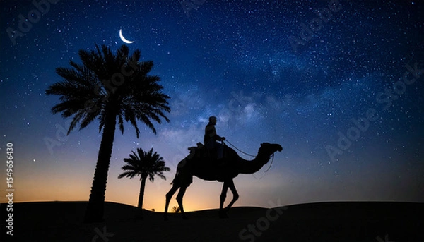 Obraz Beautiful silhouette of a person riding a camel across the serene desert under a starry night sky with a shining crescent moon. Islamic concept, muhraam, Ramadan, Eid