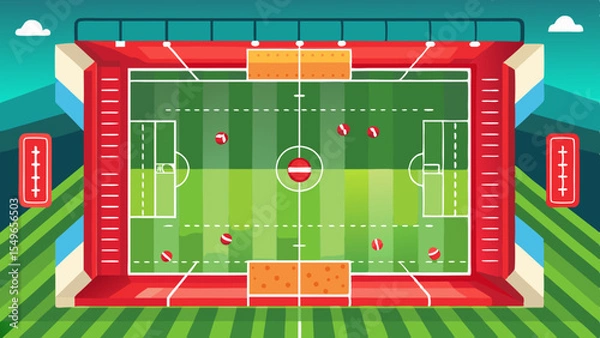 Fototapeta Top view of a soccer field with balls and stadium seats in a stadium