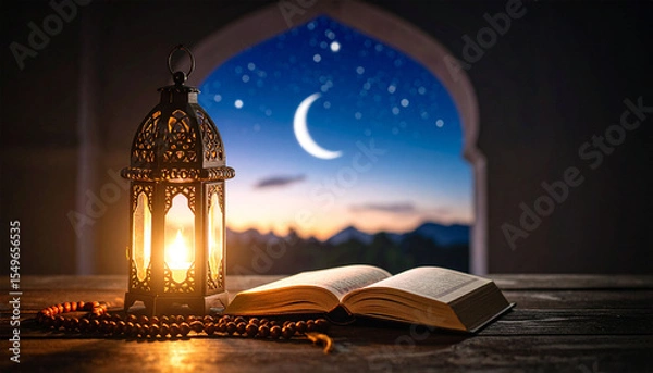 Obraz Islamic decorative lamps and the Quran on the table, Islamic background concept, Ramadan, Muharram, Eid al-Fitr