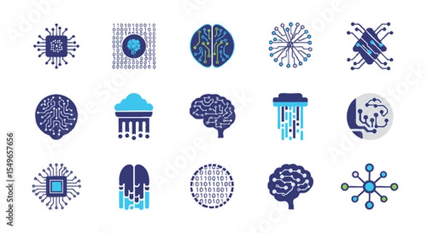 Fototapeta Abstract Circuit Brain Technology Icons minimal logo illustration pack AI, Data, Network, Digital, Blue, Green, Innovation