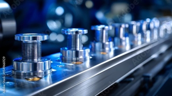 Fototapeta A row of shiny metal objects with a blue background