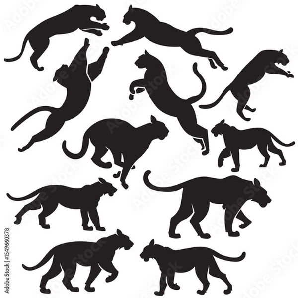 Fototapeta A set of black Tiger silhouette in various dynamic poses, perfect for use in wildlife themed design, educational materials, logo, stickers, background, decorations etc