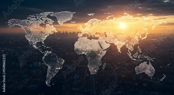 Fototapeta World map, Global, Network, Global Network at Sunset