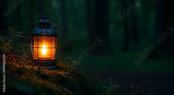 Fototapeta Lantern, Lamp, Light, Illuminated Lantern in Dark Forest