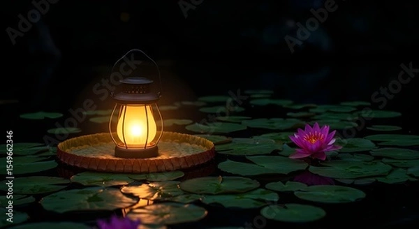 Fototapeta Lantern, Light, Illuminated, Illuminated Water Lily and Lantern at Night