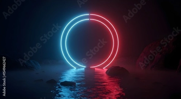 Fototapeta Neon, Circle, Portal, Neon Circle Portal in Dark Mystical Landscape