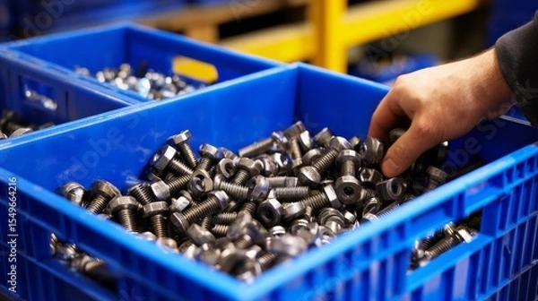 Fototapeta A blue container filled with many nuts and bolts