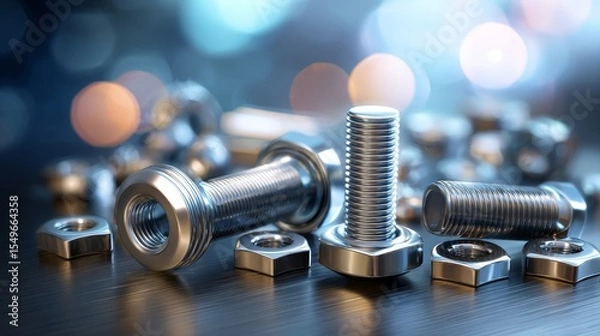 Fototapeta A bunch of nuts and bolts are on a table