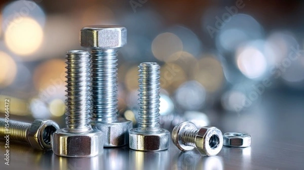 Fototapeta A bunch of different sized nuts and bolts are on a table