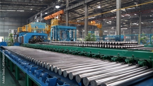 Fototapeta A factory with a conveyor belt full of metal bars