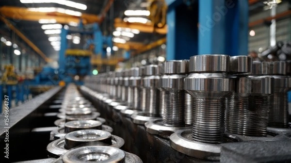 Fototapeta A factory with a conveyor belt of metal parts