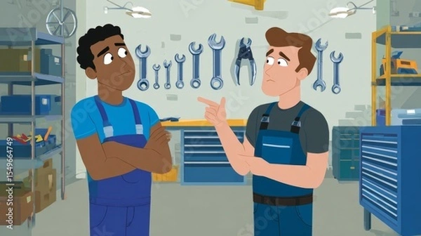 Fototapeta Two men in a garage, one pointing at something