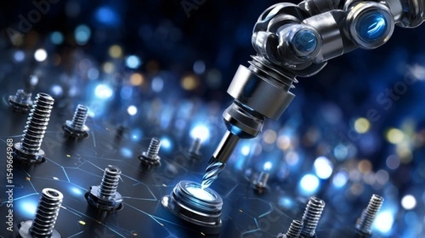 Fototapeta A robot is drilling into a black surface with many screws